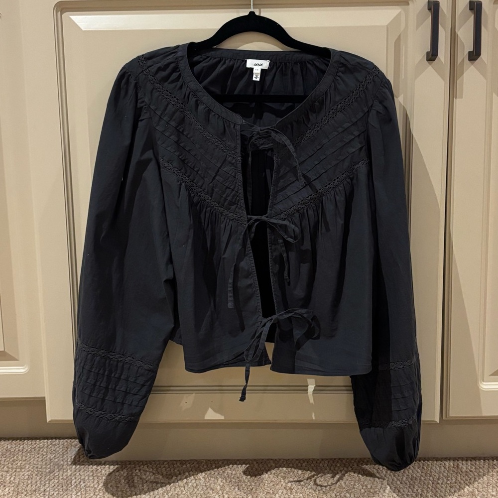 American Eagle Outfitters Black Peasant Tie-Front Blouse